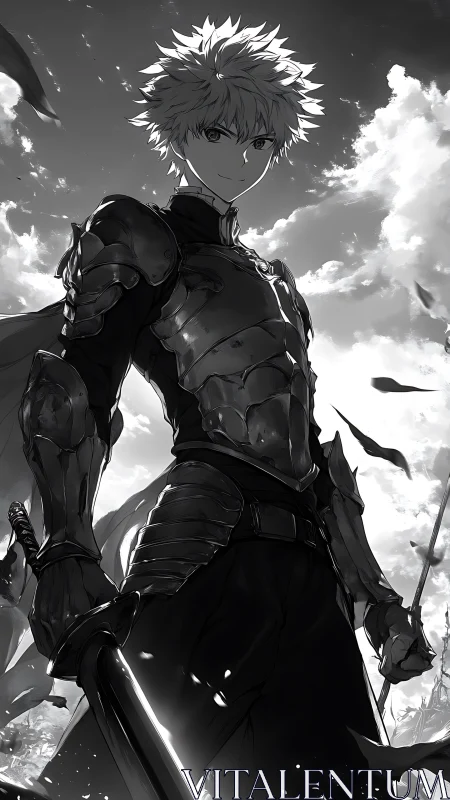 Armored swordsman stands under cloudy sky with confident gaze