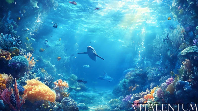 Underwater reef scene shows sharks swimming among coral