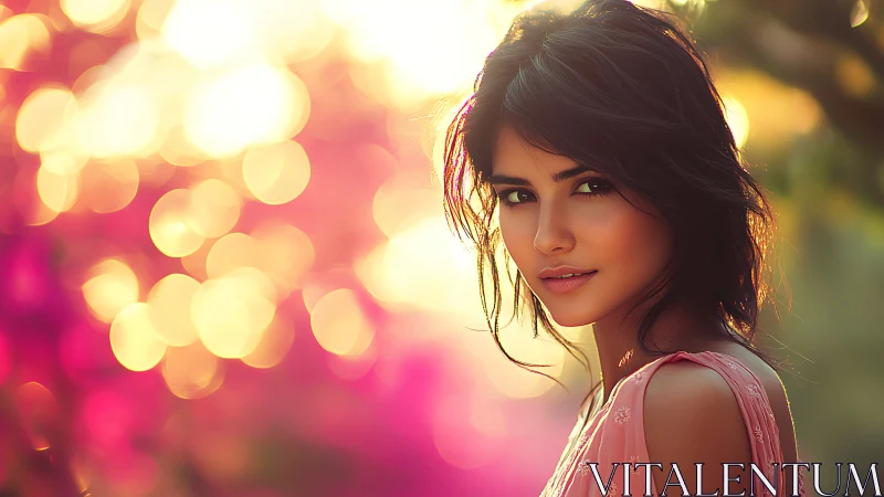 Golden-hour muse amid rosy bokeh dreams and soft light.