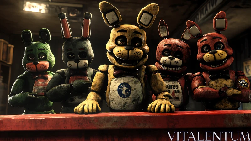Grim animatronic rabbits lined at worn red counter.