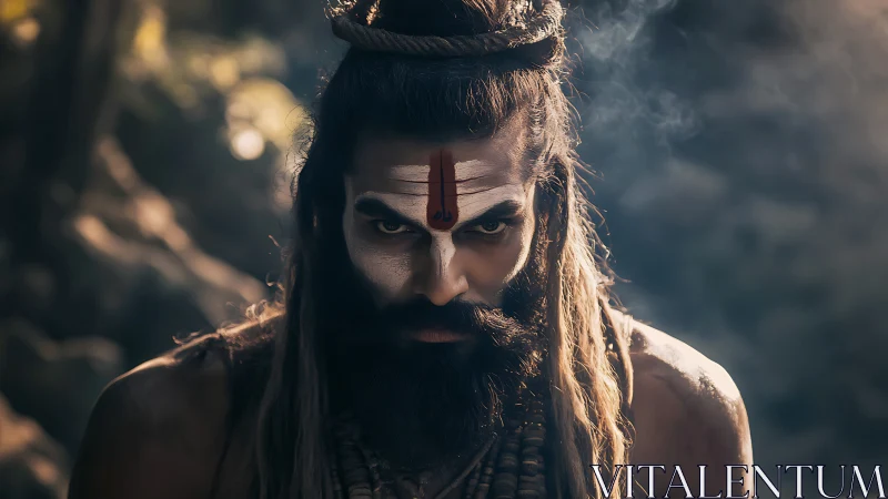 Photorealistic ascetic portrait with dramatic chiaroscuro lighting.