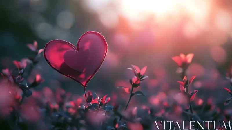 Crystalline Red Heart Among Pink Flowers