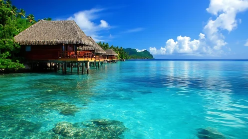 Tropical Overwater Bungalow Resort in Crystalline Pacific Lagoon.