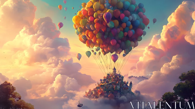 Floating sky village carried by multicolored balloons.