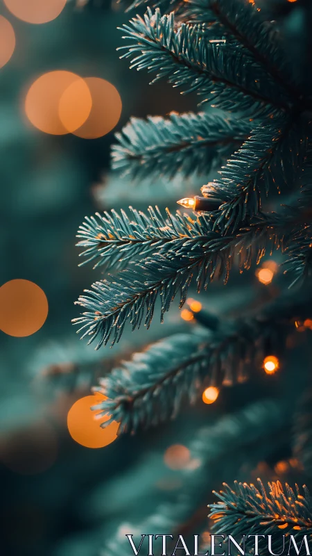 Evergreen needles with golden fairy lights in bokeh focus.