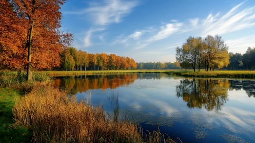 Calm autumn lake reflects golden trees under clear sky