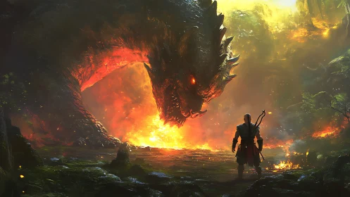 Flame-wreathed dragon bends low as a lone warrior refuses retreat