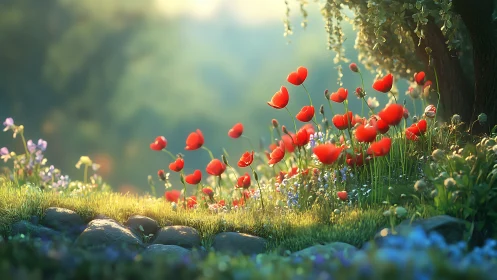 Red Poppies Dancing in Golden Sunlight.