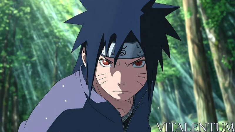 Determined anime ninja with headband in forest setting.