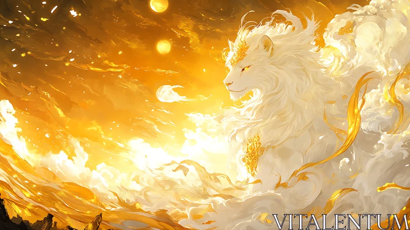 Solar cloud-lion crowned in molten dawn glory.