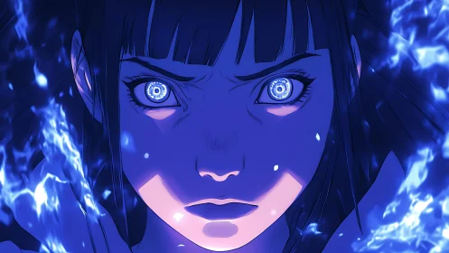 Blue-eyed sorceress summons crackling electric flame power.