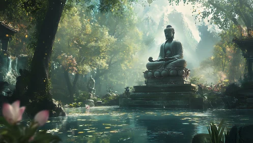 Serene Buddha statue over misty lotus pond at dawn.