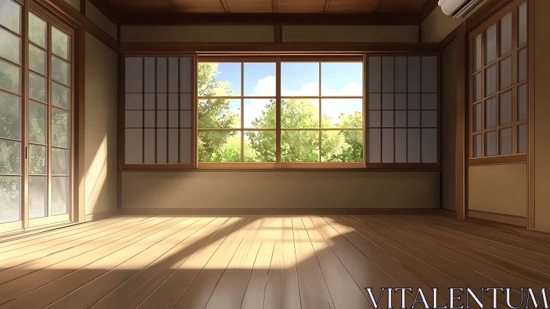 Sunlit wooden interior frames exterior trees through windows