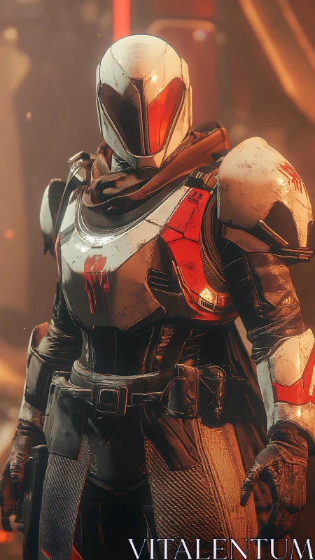 Armored sci‑fi guardian in red‑white exosuit under warm haze.