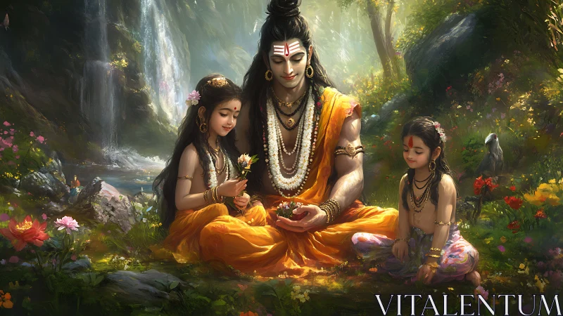 Gentle deity shares a quiet forest moment with two children