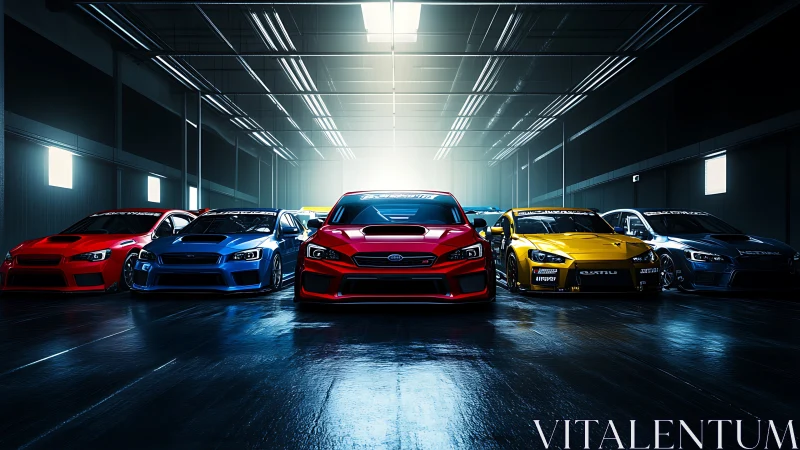 Tuned rally sedans align under cold warehouse lighting.