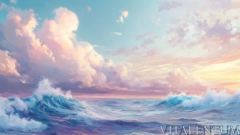Pastel sunset seascape shows luminous waves under soft clouds