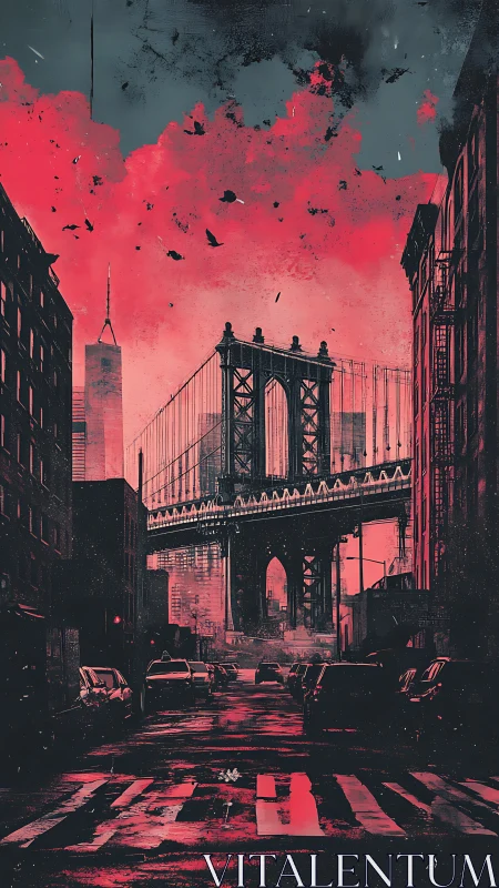 Urban bridge corridor under red sky is rendered in silhouette