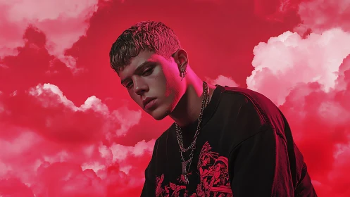 Moody portrait drifting through bold neon red clouds.