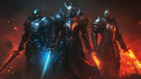 Armored spectral knights wield chromatic energy blades in combat