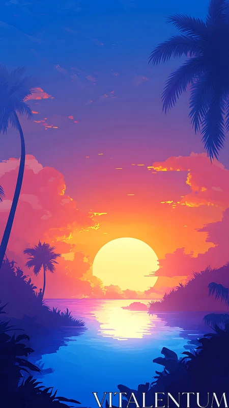 Tropical sunset lagoon with stylized palms and neon gradient sky.