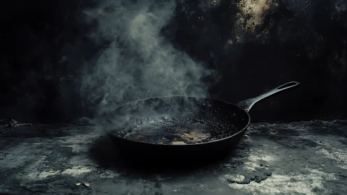 Cast iron skillet emits rising steam against dark textured backdrop