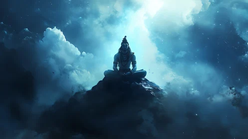 Solitary meditating figure sits on rocky peak amid clouds
