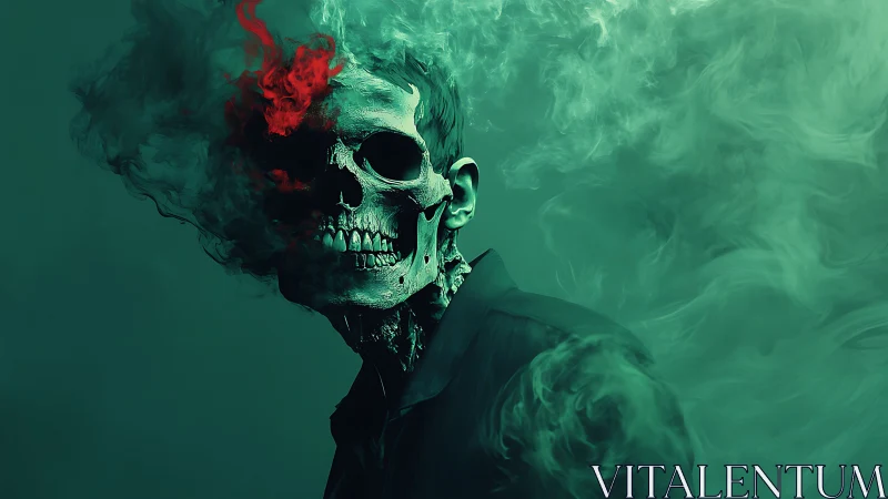 Smoldering skull figure in emerald smoke cloud portrait.