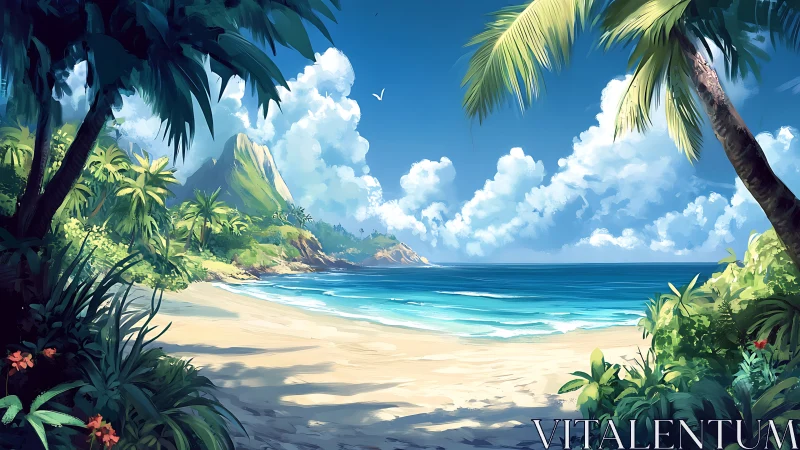 Tropical beach cove with palm trees, sand, and mountain backdrop