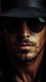 Shadow-veiled stranger in round shades and midnight brim.