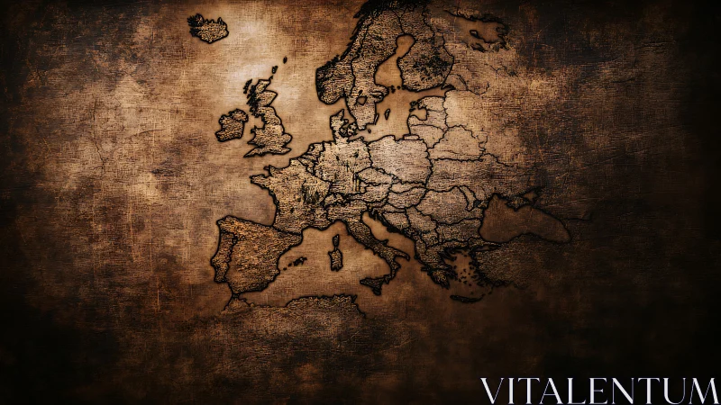 Engraved Europe map glows against distressed bronze texture