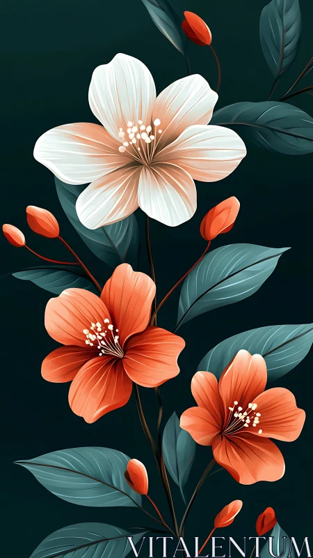 Botanical illustration with coral and white flowers branching against dark teal background
