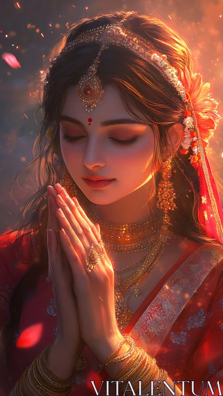 Devotional Indian woman bathed in warm golden light.
