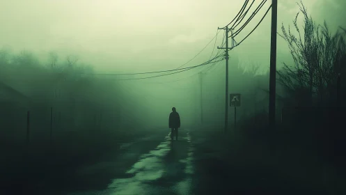 Solitary figure on wet rural road in dense green fog.