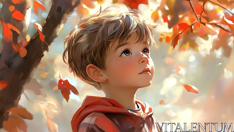 Young child gazing upward beneath autumn foliage in digital rendering