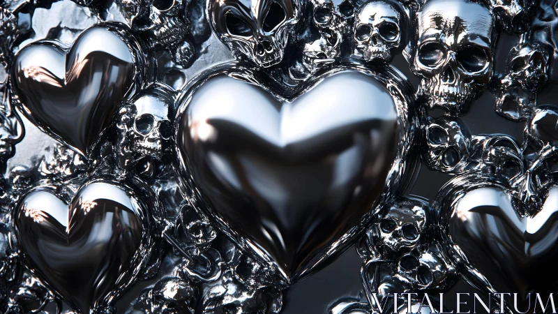 Shiny Metallic Hearts and Skulls in Futuristic Dark Art Style. Shiny Metallic Hearts and Skulls in Futuristic Dark Art Style.