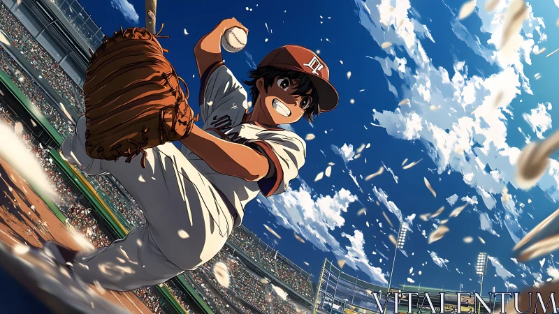 Dynamic low-angle anime pitcher winding up on bright diamond.