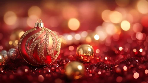 Photorealistic red bauble with glitter bokeh depth-of-field ornamentation.