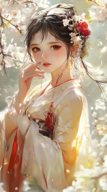 Blossom-kissed maiden pausing amid a lantern-soft spring hush.