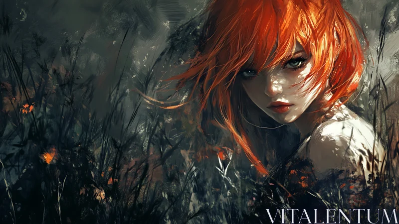 Wildfire gaze in a storm of brushstrokes and twilight grass.