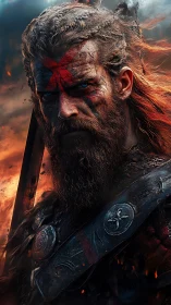 Fierce Viking warrior in firelit battle storm portrait.