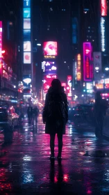 Silhouette under neon rain in crowded night city street.