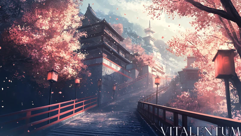 Cherry blossom shrine path under soft lantern glow at dusk.