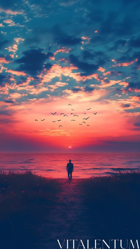 Solitary figure walks toward a neon-lit, contemplative ocean sunset