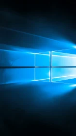 Luminous blue window grid casting beams across darkness.