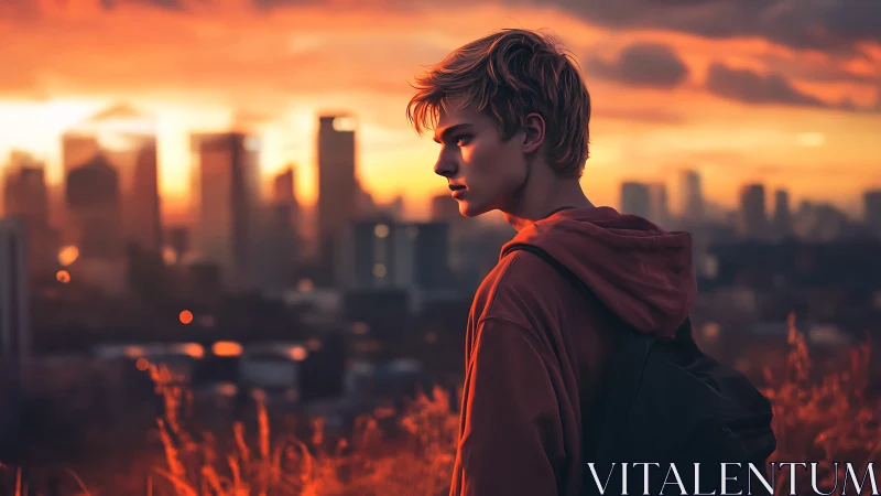 Side-profile youth overlooks defocused city at sunset