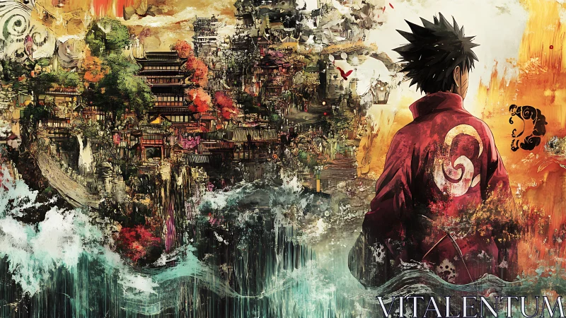 Back‑view figure surveys chaotic cliffside city in painterly anime style