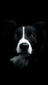 High-contrast border collie portrait under deep black void.
