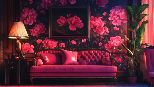 Velvet sofa glows as neon florals bloom across the walls