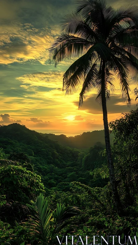 Tropical palm silhouette over emerald valley at golden sunset.